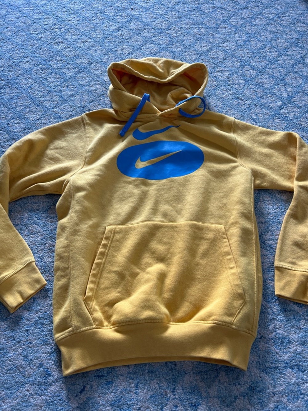 Nike Men's Yellow Hoodie with Blue Swoosh